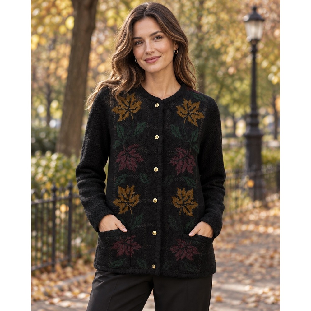 Vintage Crystal Kobe Black Maple Leaf Cardigan Sweater Size Large